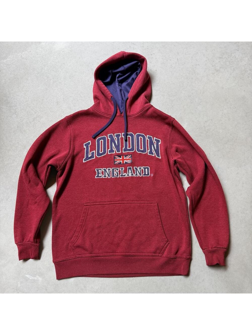 London England Hoodie Burgundy Union Jack Pullover Souvenir Sweatshirt Size L